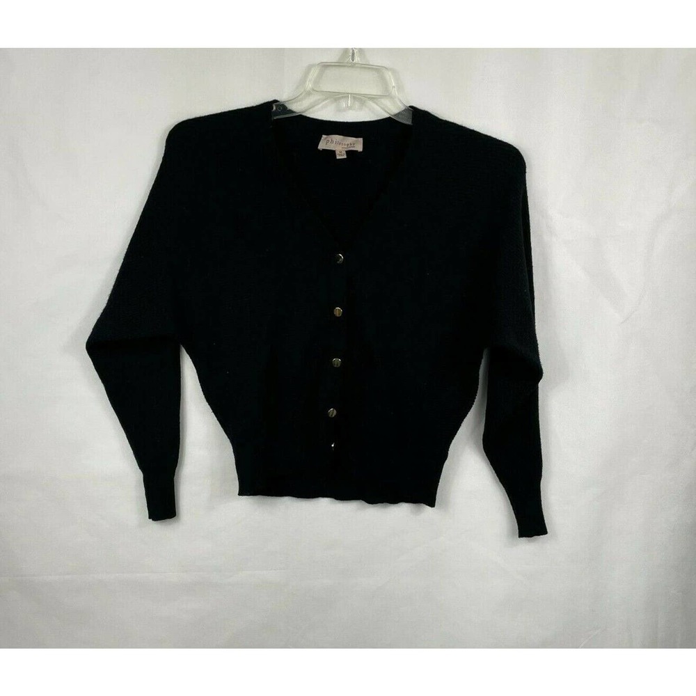 PHILOSOPHY Cardigan Sweater M Black V-neck GOLD Button Front Long Sleeve soft